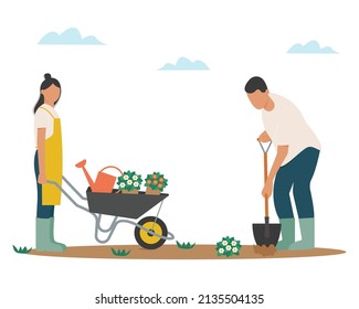 Una mujer y un hombre trabajan en el jardín, en el campo, en la granja, se dedican a la jardinería y a la agricultura, cultivando flores. Ilustración del vector