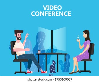 Woman and man worked from home Video conference people on computer screen laptop talking by internet in videocall, chat. Online meeting team workspace remote management communication meeting. Vector