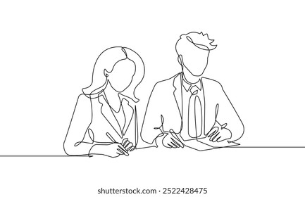 Mulher e Homem Trabalhando Continuamente Um Desenho de Linha. Processo de Trabalho Mínimo Preto Uma Linha Desenho no Plano de Fundo Branco. Conceito Comercial Desenho De Esboço Linear Abstrato. Pessoas Design Moderno. Vetor EPS 10