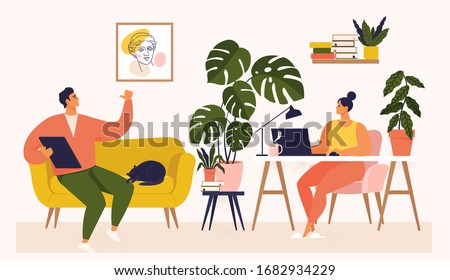 Woman and man working at desk and on sofa from home. Couple have a lot of work. Woman working with laptop at her work desk and testing ui and ux. Vector illustration of student studying at home.