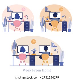 Woman and man working at home.Stay at home, work from home. Freelancers working at computers from their home office. Workplace, co-working space organization.  Flat style illustration.