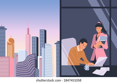 A woman and a man are working in the office. View from the window to the business building, cityscape. The boy is sitting at the laptop, the girl approached him with documents.