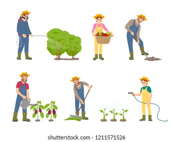 Woman and man working on land. Sprayer instrument for insect protection, harvesting and cultivation. Plants watering and compost spreading vector