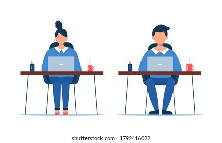 Woman and man working on laptop. Business team sitting on table. Freelance, office concept. Vector illustration in flat style isolated on white background