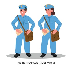 woman and man working with postmen, in uniform, working at the post office. vector illustration.