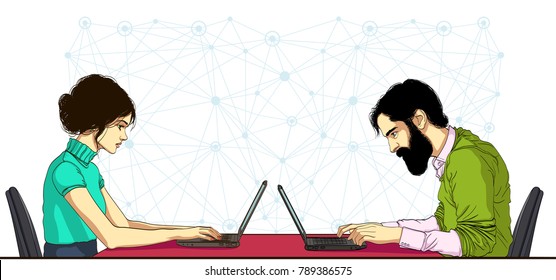 Woman and man working together offsite with cloud technologies. Persons looking at laptop and working. Vector banner of ad for header or footer