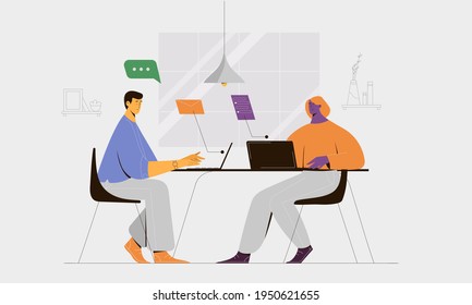 Woman and man working together using laptop and smartphone in the office or home office. Outline vector illustration, business and teamwork concept