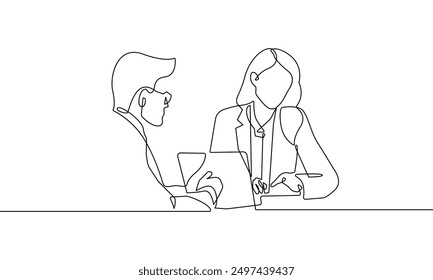 Woman and Man Working Trendy Line Art Drawing. Couple Talking Minimalistic Black Lines Drawing on White Background. Continuous One Line Abstract Drawing. Peoples Modern Design. Vector EPS 10