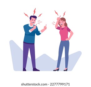 Woman and man yelling at each other and making rude gestures. Quarreling people. Aggressive conversation. Arguing wife and husband. Misunderstanding and furious dialog