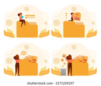 Woman management file, document efficient work on project plan in folder she select arrange and delete. cartoon character vector Illustration 