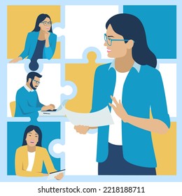 A Woman Manager Gives Tasks To Subordinates. Flat Design. Vector Illustration