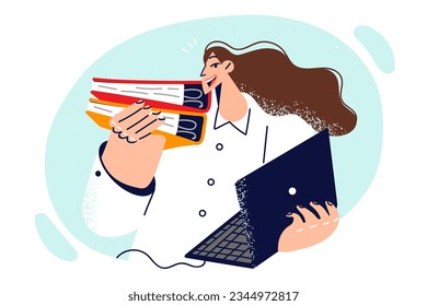 Woman manager holds laptop and folders with papers to perform work on registration of new company. Manager of law firm with computer in hands urges to seek advice in case of problems