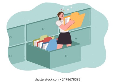 Woman manager is looking for documents in large archive, standing in giant filing cabinet. Concept of managing documents and storing important reports in corporation to reduce risks