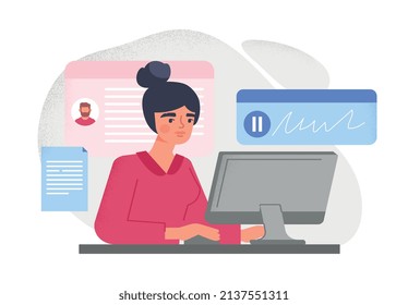 Woman manager in office. Girl negotiating, modern technology and remote communication. Articles and audio messages. Hardworking employee and media promotion. Cartoon flat vector illustration