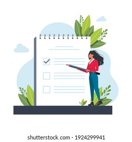 Woman, manager prioritizing tasks in to do list. Woman taking notes, planning his work, underlining important points. Vector illustration for agenda, checklist, management, efficiency concept