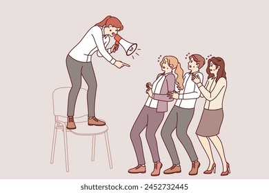 Woman manager shouts at subordinates through megaphone, intimidating employees to increase productivity. Toxic business manager uses hate and bullying to maintain leadership in corporation