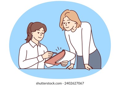 Woman manager sitting at table gives instructions to assistant using clipboard with working papers. Girl secretary stands near colleague and waits for signature of supervisor. Flat vector design