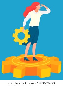Woman manager standing on gearwheel and looking into distance. Business tools and innovations. Vector illustration on blue background in flat style