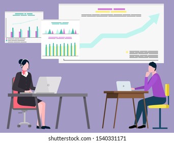 Woman manager wearing headset using laptop, people communication with computer. Board with growth report, finance and investment, teamwork vector