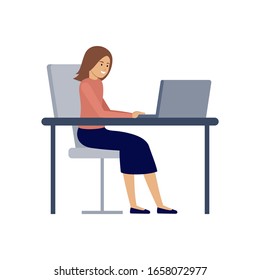 Woman manager is working on a computer. Vector flat illustration