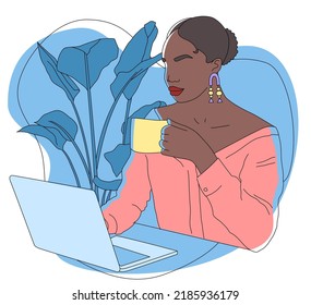 A woman manager works at a computer and drinks tea. Work from home, blue background, flat modern design