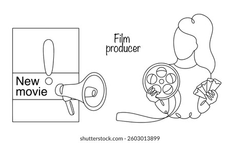 A woman manages the financial and organizational aspects of making a film. A movie poster and a loudspeaker are drawn next to her. A film producer's job promoting a film. Isolated vector.