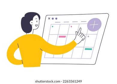 Woman manages her plans and tasks in online agenda calendar application, pushes add an event button to create a new appointments. Weekly scheduling app, digital personal organizer, flat vector