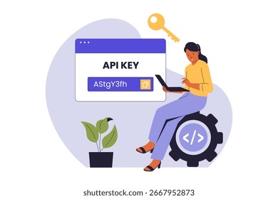 Woman Managing API Key for Secure Data Access Illustration. Vector Flat Illustration
