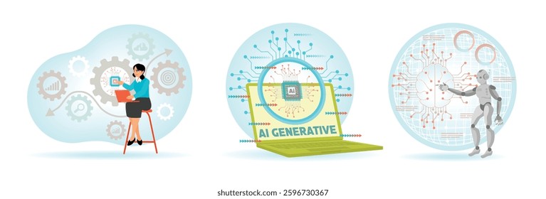 A woman managing digital tools for artificial intelligence. Generative artificial intelligence. A humanoid robot interacting with graphical representation. Set flat vector illustration