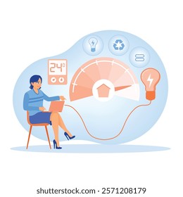 A woman managing energy efficiency with a laptop, and measuring devices. Concept of energy saving and renewable resources. Sustainability concept. Flat vector illustration.