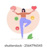 Woman managing and improving emotional intelligence. Self control feeling, balance of emotions and brain. Concept of personal soft skills, mental health, self regulation. Vector illustration