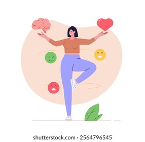 Woman managing and improving emotional intelligence. Self control feeling, balance of emotions and brain. Concept of personal soft skills, mental health, self regulation. Vector illustration