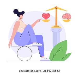 Woman managing and improving emotional intelligence. Self control feeling, balance of emotions and brain. Concept of personal soft skills, mental health, self regulation. Vector illustration