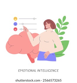 Woman managing and improving emotional intelligence. Self control feeling, balance of emotions and brain. Concept of personal soft skills, mental health, self regulation. Vector illustration