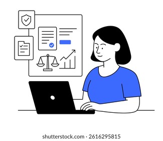 Woman managing legal documents on laptop. Flat line style with blue accent. Law tech interface with charts, documents, and scales.