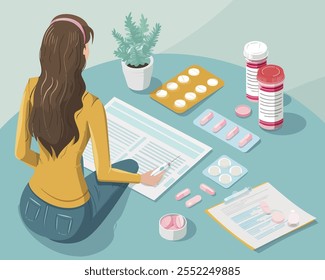 Mulher gerenciando medicamentos e registros médicos. Design de ilustração vetorial.