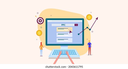 Woman managing PPC marketing, PPC concept, Paid traffic sources, Search marketing concept - vector illustration with icons