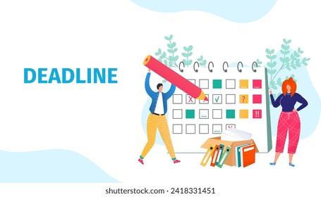 Woman managing schedule on planner, man marking deadline with giant pencil. Project time management and planning vector illustration.