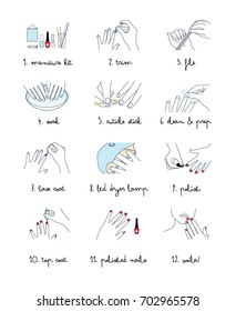 Woman manicure procedure set. Vector illustration.