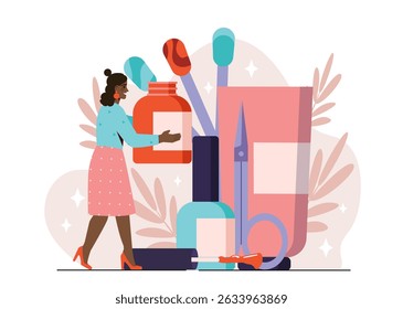 Woman with manicure tools. Young girl near scissors and nail polish. Aesthetics and elegance. Manicure and pedicure set. Beauty treatment. Flat vector illustration