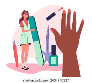 Woman with manicure. Young girl ith make up and cosmetics products. Beaty, elegance and aesthetics. Fingernail and polish. Cartoon flat vector illustration isolated on white background