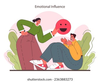 Woman manipualting confused man emotions. Female character influencing man's mind. Psychological domination, emotional abuse and control. Toxic relationship idea. Flat vector illustration