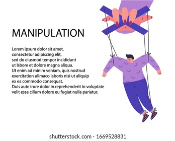 A woman manipulates and abuses a man.Manipulation female hand.Unhealthy toxic relationships where a woman manipulates a man.Flat cartoon character isolated on white background.Vector illustration.