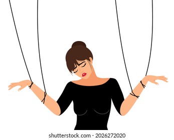 Woman manipulating. Girl toxic relationship manipulation or work abuse controlling, female partner employee manipulator, women marionette puppet concept vector illustration