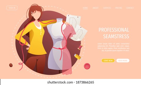 Woman with mannequin. Patterns, buttons and threads. Fashion designer, dressmaker, seamstress, sewing workshop or courses, tailoring concept. Vector illustration for banner, advertising, website.