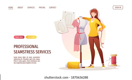 Woman with mannequin. Patterns and threads. Fashion designer, dressmaker, seamstress, sewing workshop or courses, tailoring concept. Vector illustration for banner, advertising, website.