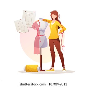 Woman with mannequin. Patterns and threads. Fashion designer, dressmaker, seamstress, sewing workshop or courses, tailoring concept. Isolated vector illustration for banner, advertising, cover.