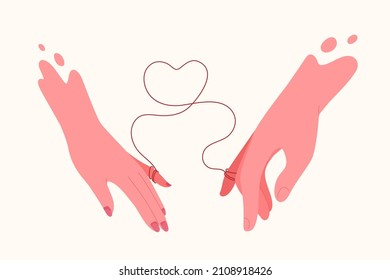 Woman and man's hand are binding  with red thread of love destiny. Eastern red thread of fate on hands of lovers. Illustration for Valentine's day, wedding, marriage, soulmate couple. Flat vector.