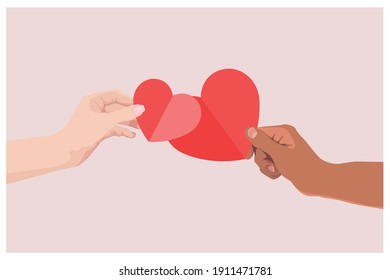 Woman and man's hands giving each other hearts. Vector illustration for Valentine's Day.