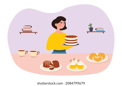Woman with many desserts. Character busy with household chores in kitchen, hostess preparing to meet guests. Sweet food, delicious food, candy shop or bakery. Cartoon flat vector illustration